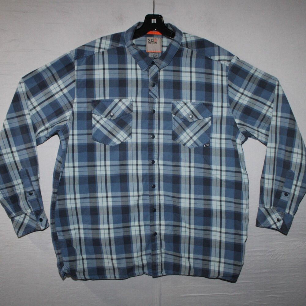 5.11 Tactical Pearl Snap Shirt Mens Size XL Plaid Blue Long Sleeve Outdoor